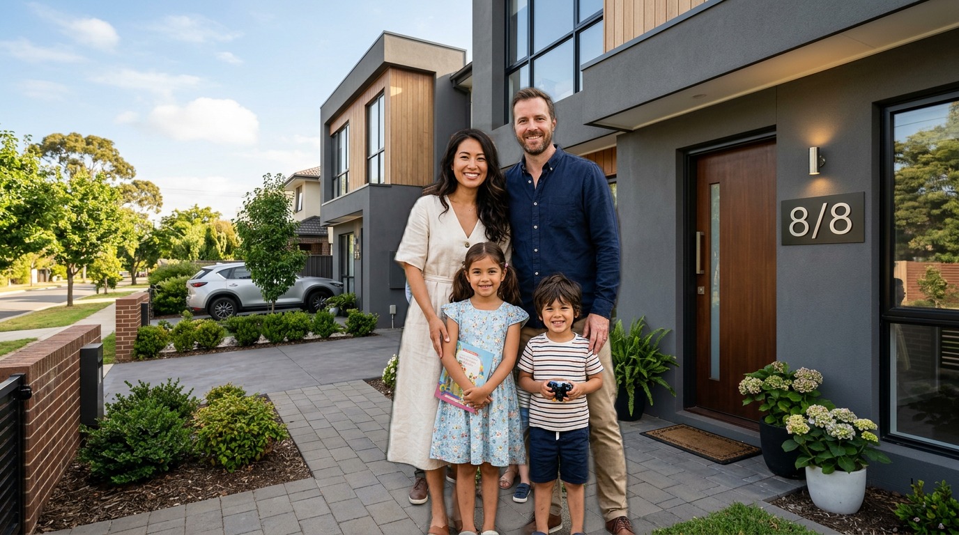 A happy family in front of their townhouse