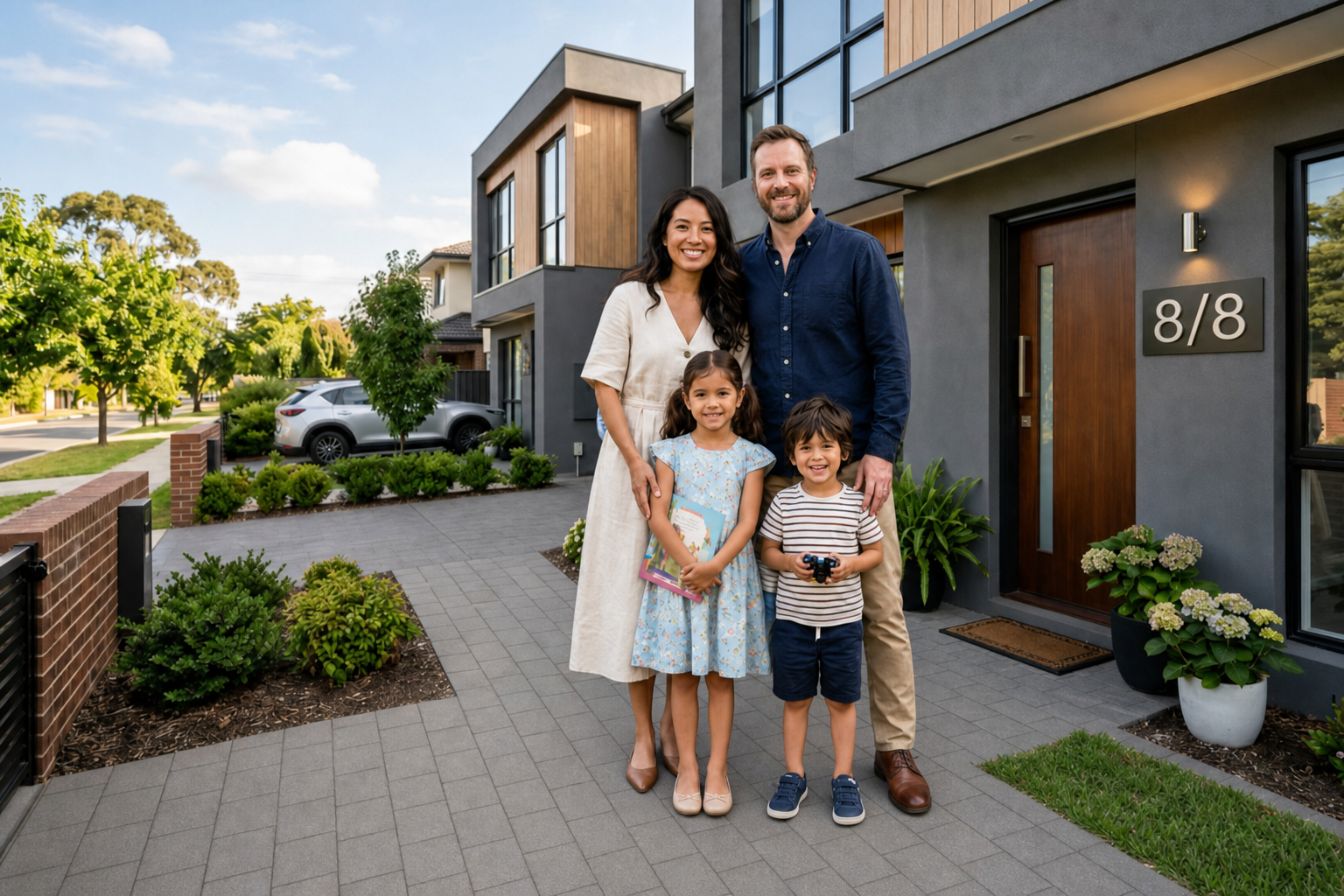 A happy family in front of their townhouse
